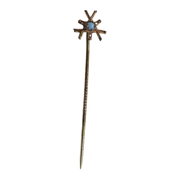 Vintage Gold Tone Stick Pin With Blue Opal Gemstone Accent Starburst Design - Picture 1 of 5
